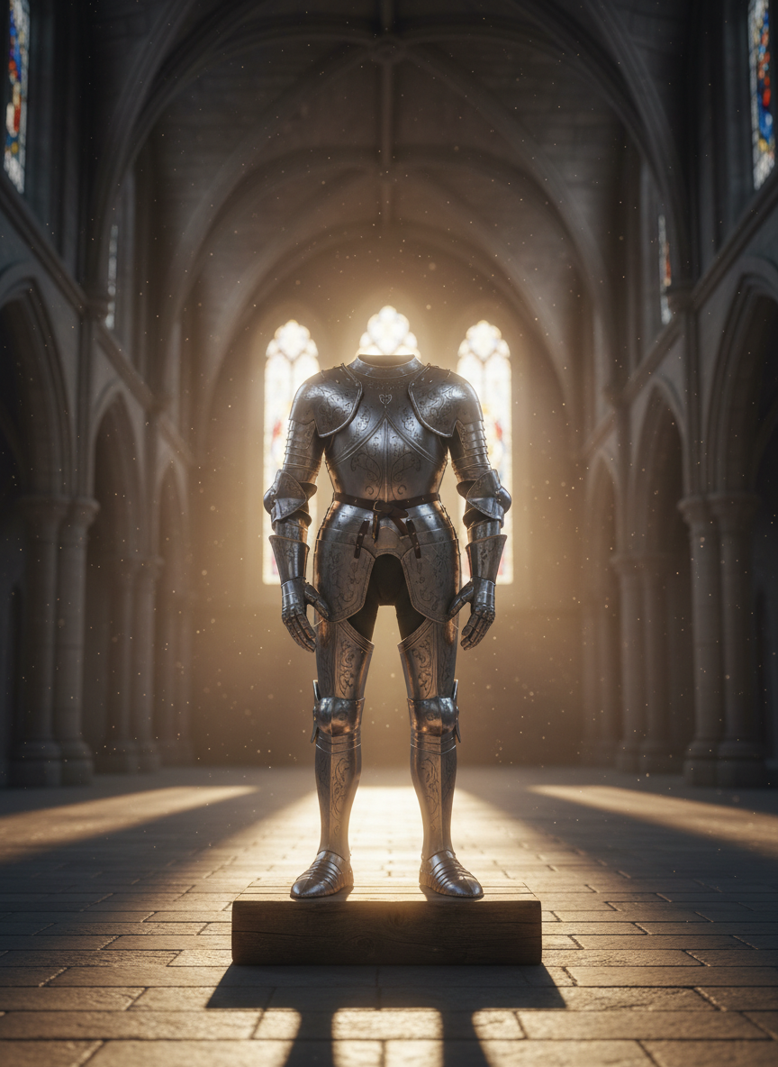 A finely crafted, empty suit of medieval plate armor standing upright on a simple wooden pedestal, its polished steel surface subtly engraved with delicate patterns of vines and small hearts. The armor is positioned in the center of a vast, dim stone hall whose far walls fade into soft blur. Golden hour light pours in from high arched windows, wrapping the armor in a cinematic halo and casting long, gentle shadows across the floor. Thin dust motes float in the air, glowing softly. Shot at eye level with a shallow depth of field, the armor fills the frame as a quiet symbol of protection and healing. The style is cinematic, sophisticated, and photorealistic, evoking hope and dignified strength.