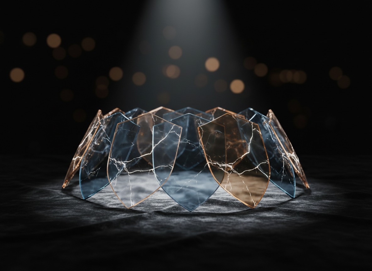 A set of overlapping translucent glass shields, each in muted tones of smoky blue, soft amber, and clear crystal, arranged in a gentle arc on a dark velvet surface. Fine hairline cracks run through some shields but are meticulously fused with luminous, glowing resin that emits a faint light. Overhead, a single spotlight casts a cinematic cone of illumination, creating dramatic highlights on the glass edges and deep shadows behind. The background falls into velvety darkness, with a subtle bokeh of distant, unfocused points of light. Captured from a low, sweeping angle, the composition emphasizes layers, depth, and the beauty of repaired defenses. The mood is sophisticated, contemplative, and quietly powerful, representing a refined, modern interpretation of emotional armor and restoration.