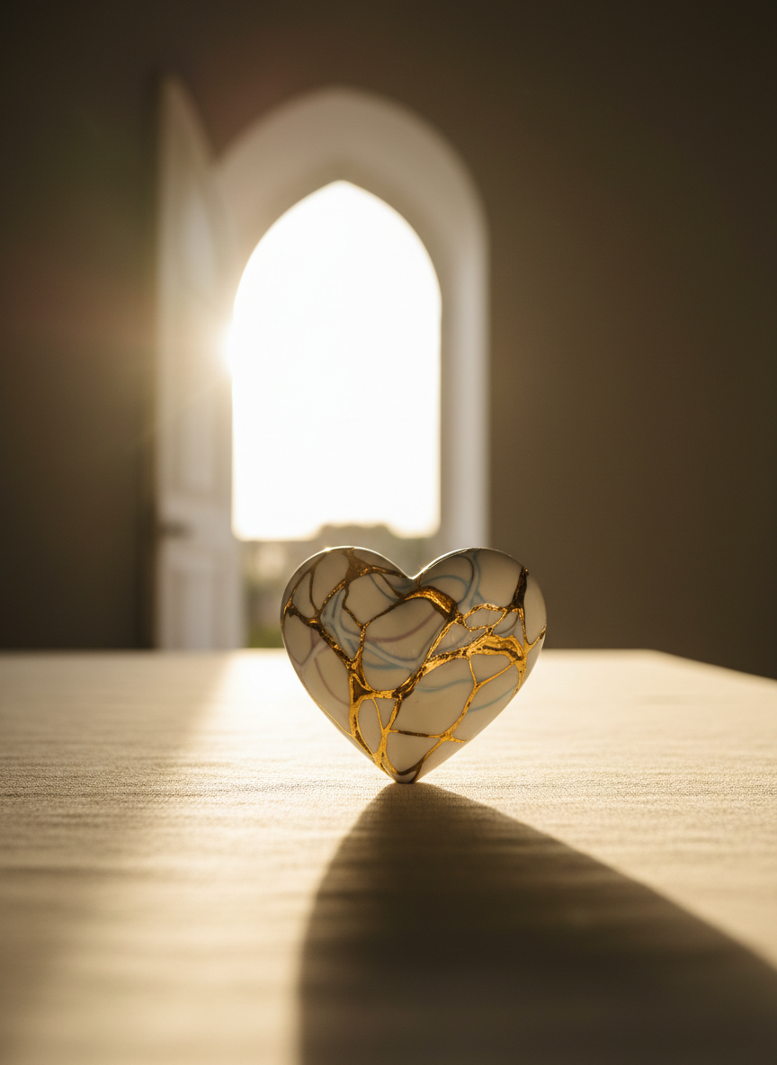 A fractured yet carefully reassembled porcelain heart resting on a linen-covered table, each crack filled with molten gold in the style of kintsugi. Fine threads of pale blue and soft rose glaze shimmer under the light. Behind it, out of focus, stands an open, empty doorway leading into a bright, undefined space. Late afternoon light streams through the doorway, casting a cinematic beam that illuminates the golden seams and creates long, serene shadows. Captured from a slightly low angle with the heart centered using the rule of thirds, the scene feels quiet, reverent, and sophisticated. The overall aesthetic is cinematic realism with muted, elegant tones, suggesting that deep wounds can become lines of beauty and restoration.