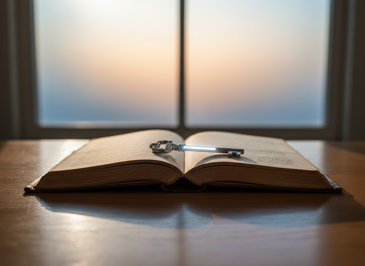 A weathered leather-bound journal lying open on a smooth oak table, its pages filled with faint, unreadable handwritten lines that softly fade into the paper. A single silver key rests across the spine, reflecting a narrow stripe of light. In the background, a large, frosted window glows with diffused dawn light, turning the outside world into a soft, luminous blur. Gentle shadows stretch toward the viewer, and a faint reflection of the journal gleams on the polished wood. Shot from a slightly elevated cinematic angle with a shallow depth of field, the focus rests sharply on the key and the center of the journal. The mood is contemplative and hopeful, with a clean, sophisticated aesthetic that suggests untold stories and the unlocking of deeper healing.